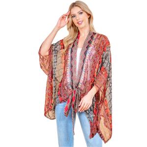 Tie Front Kimonos3107/3109/4243/A110  4243 - Red Multi<br>
Modern Abstract Tie Front Kimono - One Size Fits Most