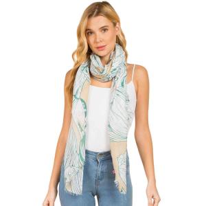 3861 - Assorted Cotton Feel Summer Scarves 4114-TAN<br> 
Tan/Blue Floral Line Drawing Scarf - 33