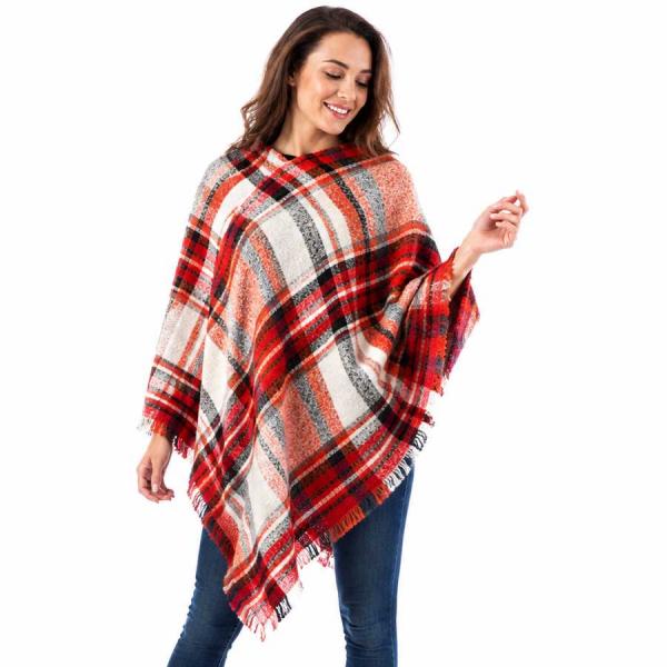 wholesale Country Style Plaid Woven Ponchos  9852 - Rust Multi - One Size Fits Most