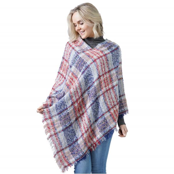 wholesale Plaid Woven Nubby Ponchos - 9852/10022 10022 - Blue/Red Multi  - One Size Fits Most