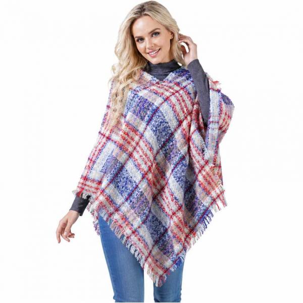 wholesale Country Style Plaid Woven Ponchos  10022 - Blue/Red Multi  - One Size Fits Most