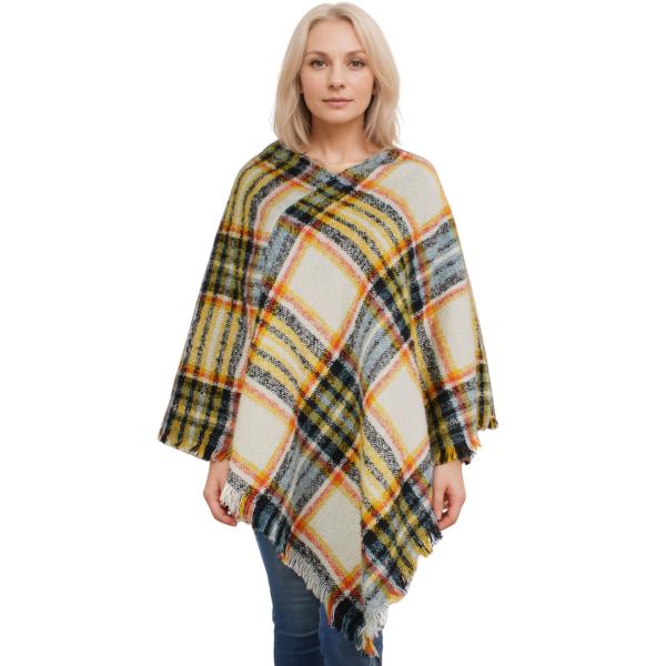 wholesale Plaid Woven Nubby Ponchos - 9852/10022 9787 - Gold/Blue Multi - One Size Fits Most