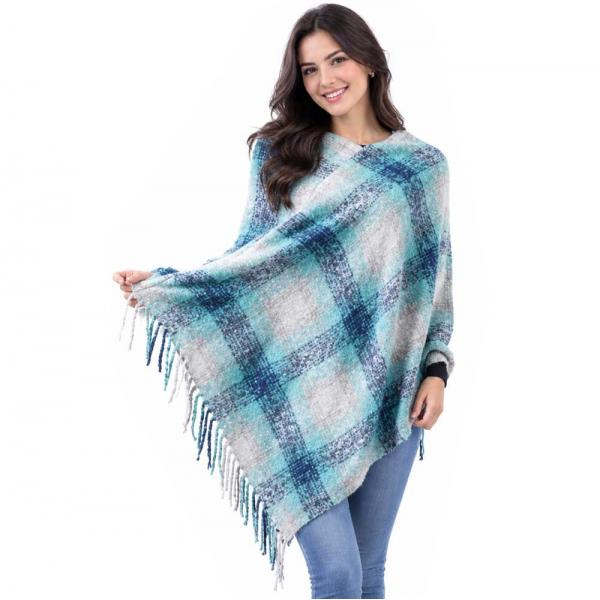 wholesale Country Style Plaid Woven Ponchos  10406 - Blue/Grey Multi - One Size Fits Most