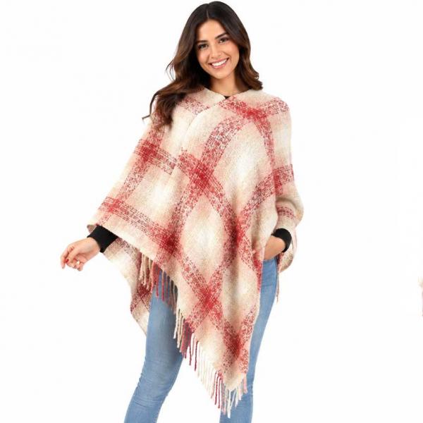 wholesale Country Style Plaid Woven Ponchos  10406 - Burgundy Multi - One Size Fits Most