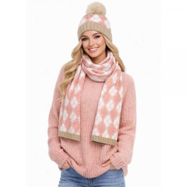 wholesale 4044 - Argyle Cashmere Feel Hat and Scarf Sets 4044 - Beige Border<br>
Argyle Print
 - One Size Hat/12