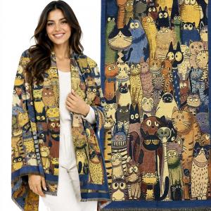 Wholesale 3898 - Cashmere Feel Shawls CATS/02 - Cats on Blue 
 - 26' x 70