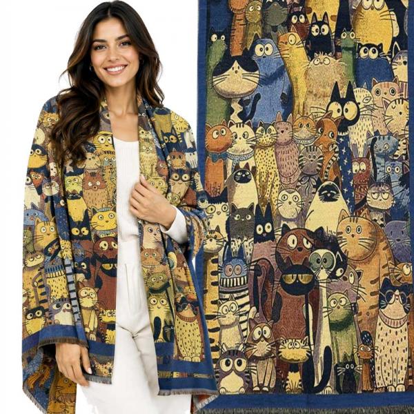 wholesale 3898 - Cashmere Feel Shawls CATS/02 - Cats on Blue 
 - 26' x 70