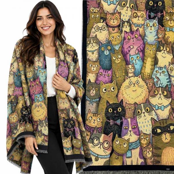 wholesale 3898 - Cashmere Feel Shawls CATS/03 - Cats on Black
 - 26' x 70