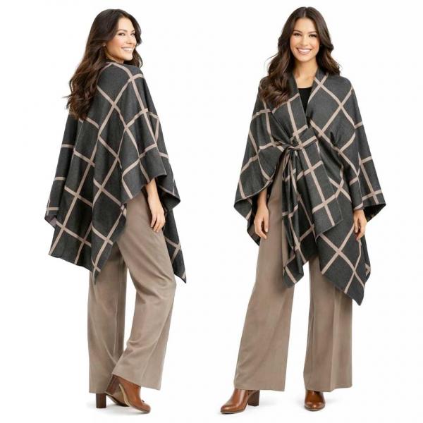 wholesale 3919/T - Reversible Sueded Window Pane Loop Capes #03<br>
Black/Taupe - 