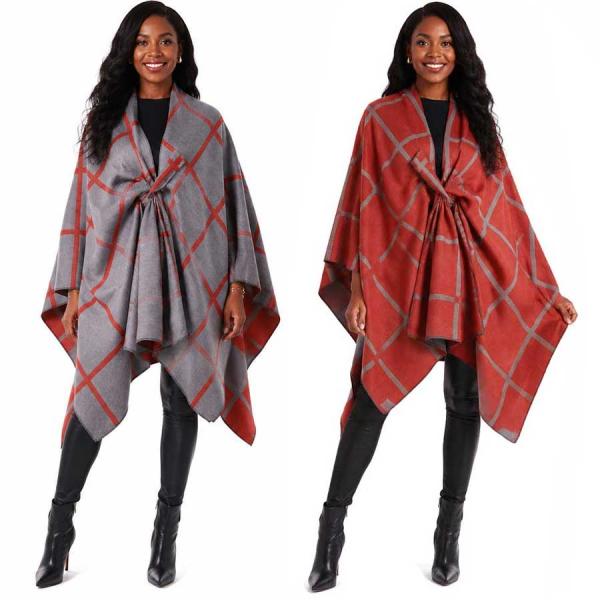 wholesale 3919/T - Reversible Sueded Window Pane Loop Capes #09<br>
Grey/Paprika** (MB) - 