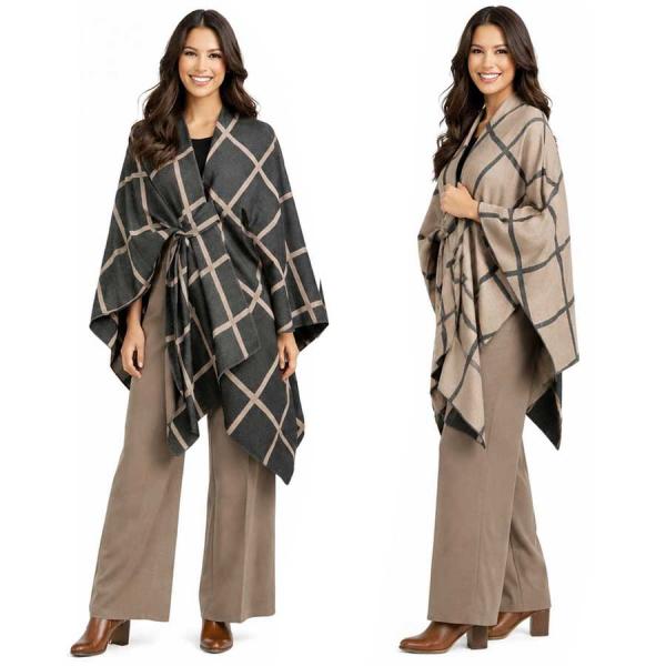 wholesale 3919/T - Reversible Sueded Window Pane Loop Capes #03<br>
Black/Taupe - 