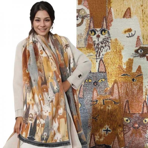 wholesale 3956 - Cat Design Shawls B/01<br>
Earth Tone Cat Print - 26