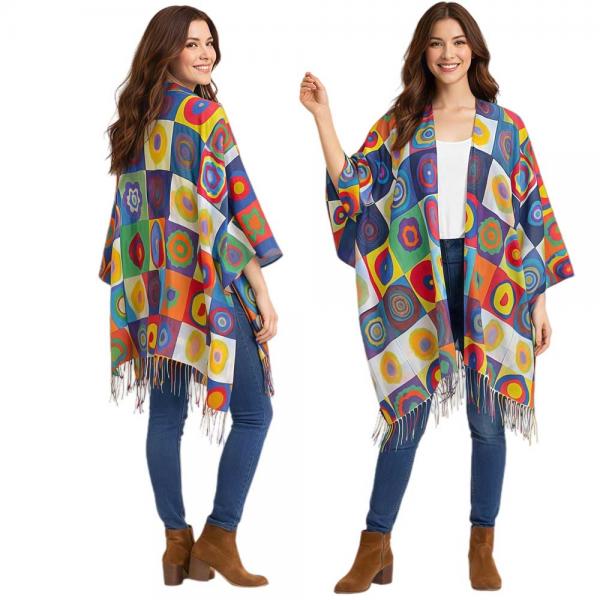 wholesale 3972 - Sueded Art Design Ruana Capes #07 - Squares with Concentric Circles - 