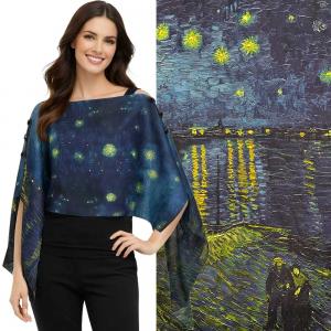 3980 - Six  Button Silk Twill Art Design Ponchos #04<br>
A Starry Night over the Rhone<br>
Black Wooden Buttons - 
