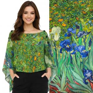 3980 - Six  Button Silk Twill Art Design Ponchos #27<br>
Irises<br>
Black Wooden Buttons - 