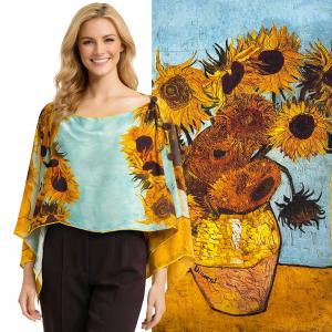 3980 - Six  Button Silk Twill Art Design Ponchos #28<br>
Sunflowers<br>
Light Brown Wooden Buttons - 