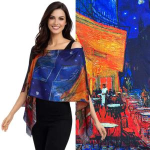 3980 - Six  Button Silk Twill Art Design Ponchos #11<br>
Cafe Terrace at Night<br>
Black Wooden Buttons - 