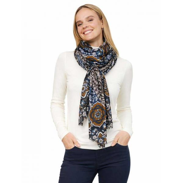 wholesale 3983 - Bohemian Style Scarves 10916 - Navy Multi Flower Print - 