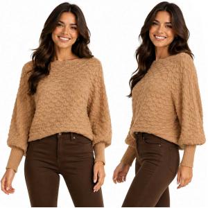 3984 - Cropped Sweater Poncho with Sleeves #055<br> 
Camel
 - 