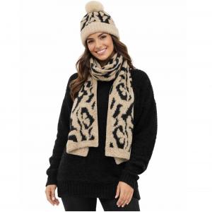 4046 - Animal Print Scarf and Hat Set Beige/Black - 