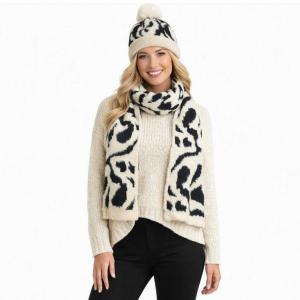 4046 - Animal Print Scarf and Hat Set Ivory/Black - 