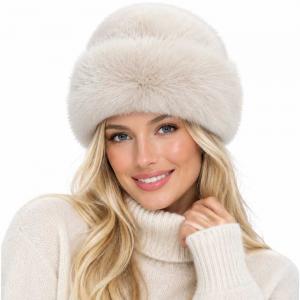 3993 - Fur Trimmed Plush Hats Beige - One Size Fits Most