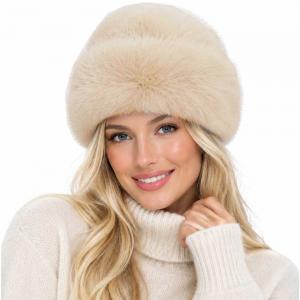 3993 - Fur Trimmed Plush Hats Beige - One Size Fits Most