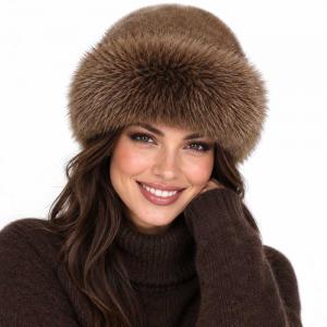 3993 - Fur Trimmed Plush Hats Brown - One Size Fits Most