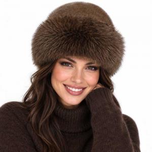 3993 - Fur Trimmed Plush Hats Brown - One Size Fits Most