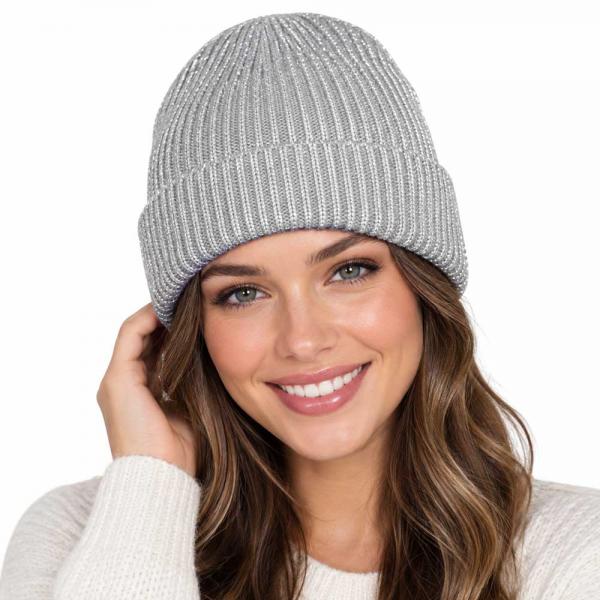 wholesale 1094 - Ribbed Metallic Watch Caps Grey - 