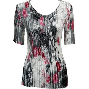 657 - Half Sleeve V-Neck Satin Mini Pleat Tops White-Black-Pink Floral - One Size Fits Most