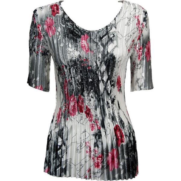 Wholesale 657 - Half Sleeve V-Neck Satin Mini Pleat Tops White-Black-Pink Floral - One Size Fits Most