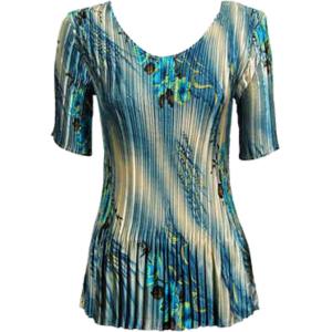 657 - Half Sleeve V-Neck Satin Mini Pleat Tops Marble Floral - Blue - One Size Fits Most