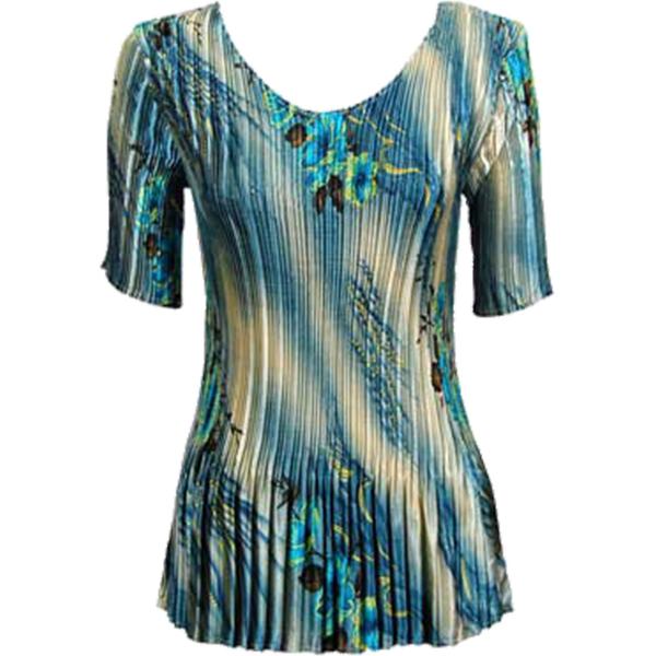 Wholesale 657 - Half Sleeve V-Neck Satin Mini Pleat Tops Marble Floral - Blue - One Size Fits Most