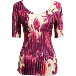 657 - Half Sleeve V-Neck Satin Mini Pleat Tops Rose Floral - Berry - One Size Fits Most