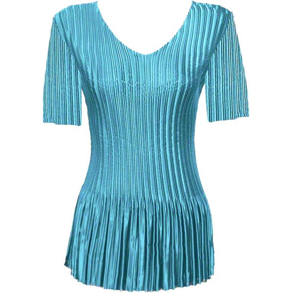 wholesale 657 - Half Sleeve V-Neck Satin Mini Pleat Tops Solid Aqua MB - One Size Fits Most