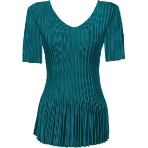 657 - Half Sleeve V-Neck Satin Mini Pleat Tops Solid Dark Turquoise - One Size Fits Most