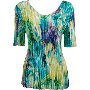 657 - Half Sleeve V-Neck Satin Mini Pleat Tops Blue-Purple-Yellow Watercolors - One Size Fits Most