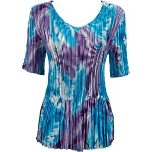 657 - Half Sleeve V-Neck Satin Mini Pleat Tops Turquoise-Purple Watercolors - One Size Fits Most