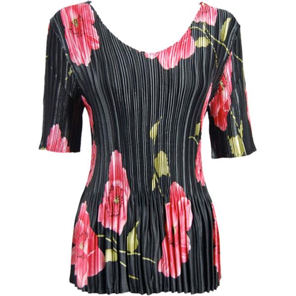 wholesale 657 - Half Sleeve V-Neck Satin Mini Pleat Tops Black with Pink Roses MB - One Size Fits Most