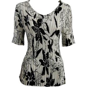 657 - Half Sleeve V-Neck Satin Mini Pleat Tops Floral - Black on White - One Size Fits Most