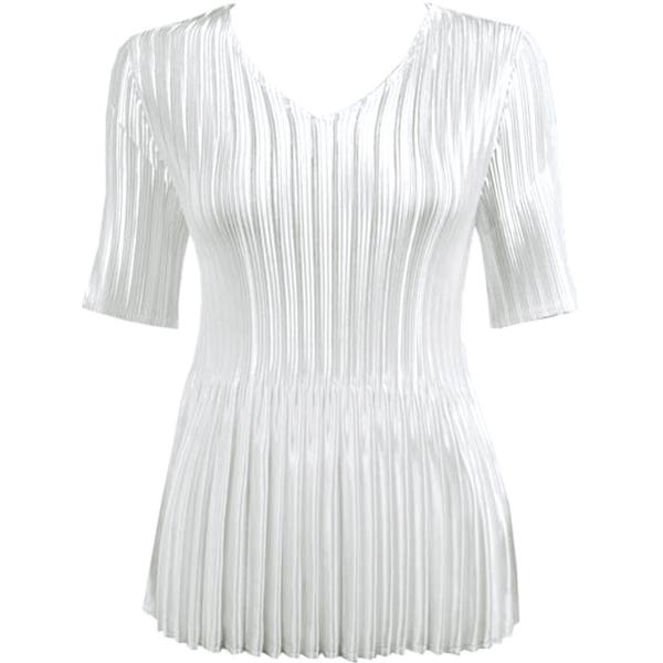 wholesale 657 - Half Sleeve V-Neck Satin Mini Pleat Tops Solid White  - One Size Fits Most