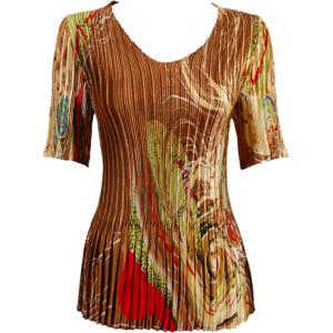 657 - Half Sleeve V-Neck Satin Mini Pleat Tops Swirl Copper-Lime - One Size Fits Most