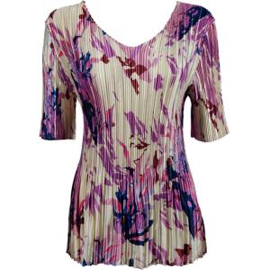 657 - Half Sleeve V-Neck Satin Mini Pleat Tops Abstract Floral Raspberry-Navy - One Size Fits Most