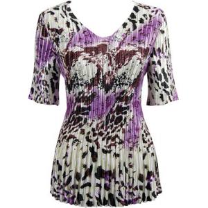 657 - Half Sleeve V-Neck Satin Mini Pleat Tops Reptile Floral - Purple - One Size Fits Most