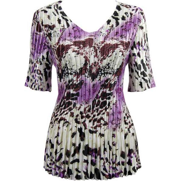 Wholesale 657 - Half Sleeve V-Neck Satin Mini Pleat Tops Reptile Floral - Purple - One Size Fits Most