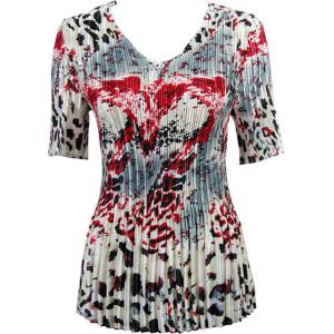 657 - Half Sleeve V-Neck Satin Mini Pleat Tops Reptile Floral - Red - One Size Fits Most