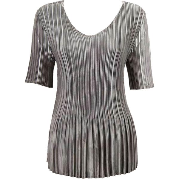 wholesale 657 - Half Sleeve V-Neck Satin Mini Pleat Tops Solid Charcoal MB - One Size Fits Most
