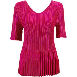 657 - Half Sleeve V-Neck Satin Mini Pleat Tops Solid Magenta - One Size Fits Most