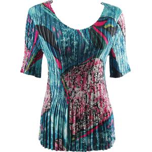 657 - Half Sleeve V-Neck Satin Mini Pleat Tops Oriental Abstract - One Size Fits Most